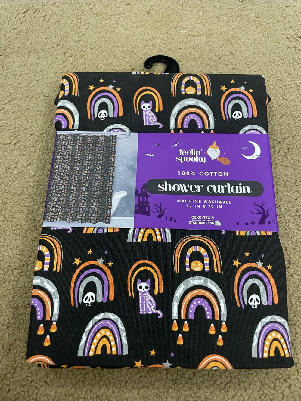 Feelin' Spooky Halloween Rainbow Cotton Shower Curtain - Black, Orange, Purple
